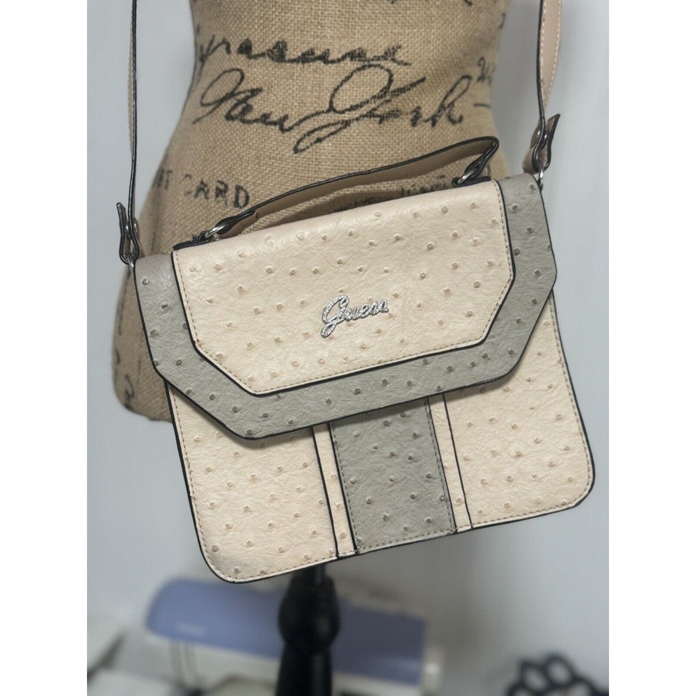 Guess Rhinestone Logo Eco Ostrich Leather Small Bag Purse Rose And Gray